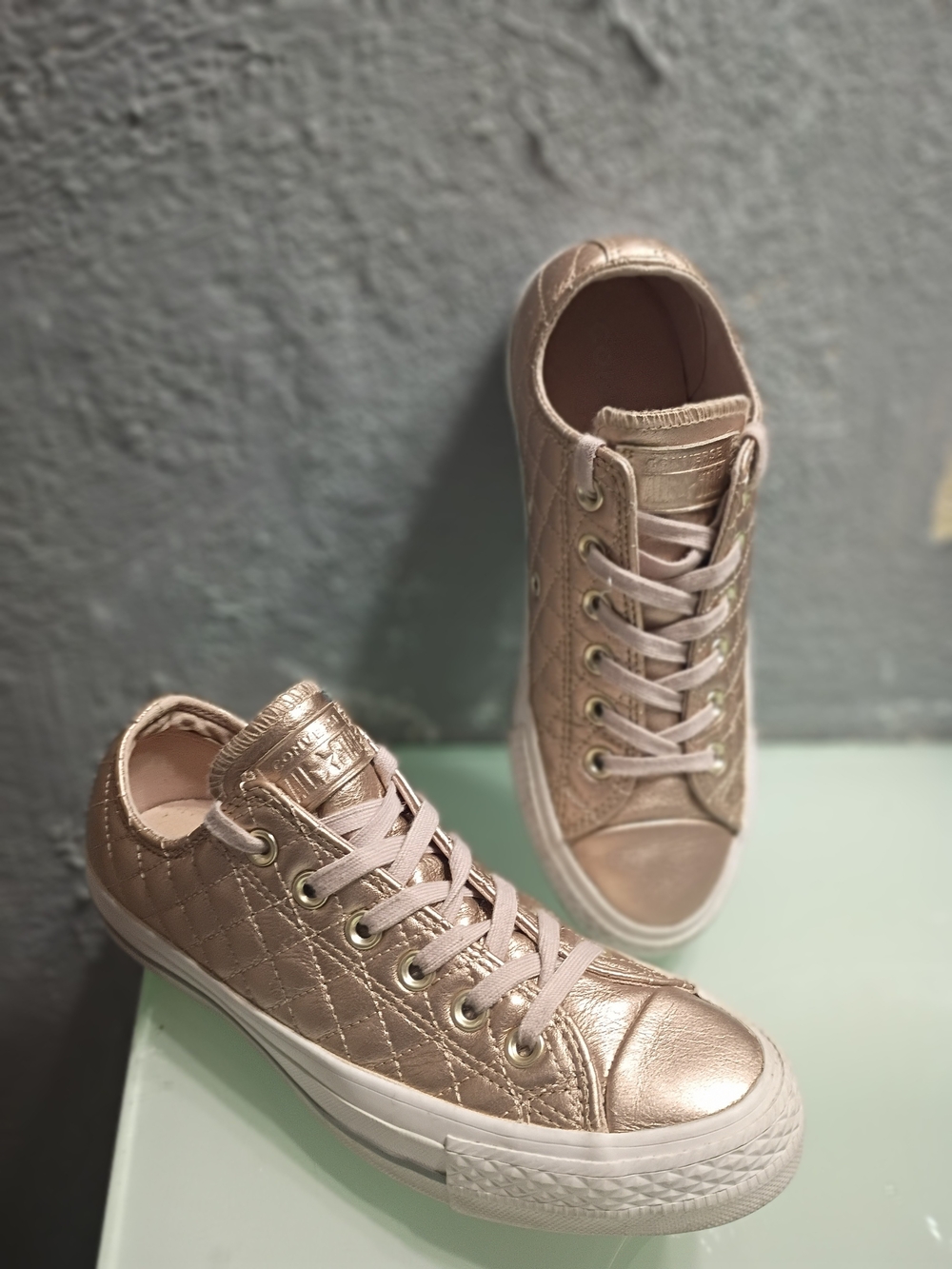 Converse All Star Rose Gold Quilted Pattern Lace Up Leather Shoes Unisex